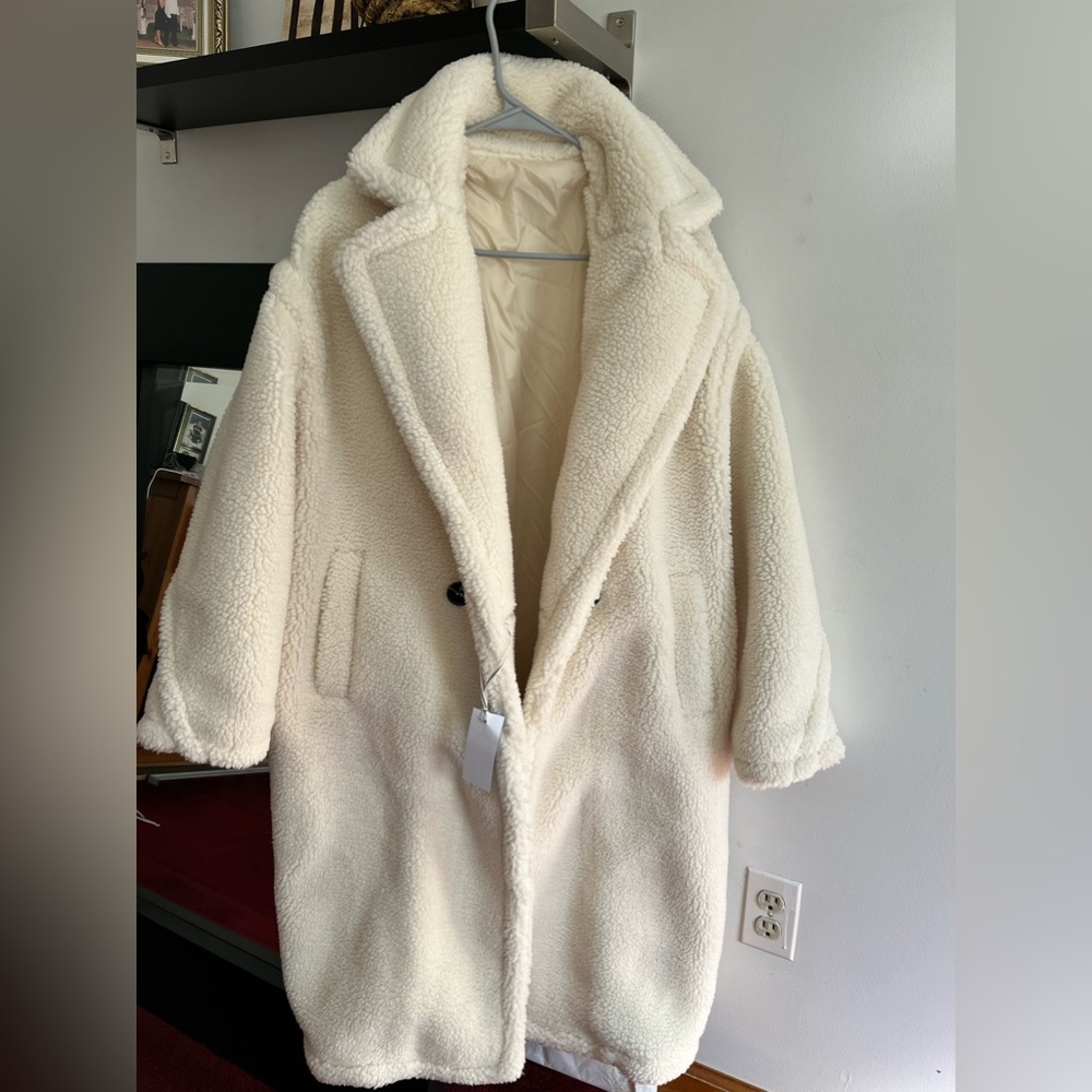Cream Faux fur oversized button front pocket Teddy Coat